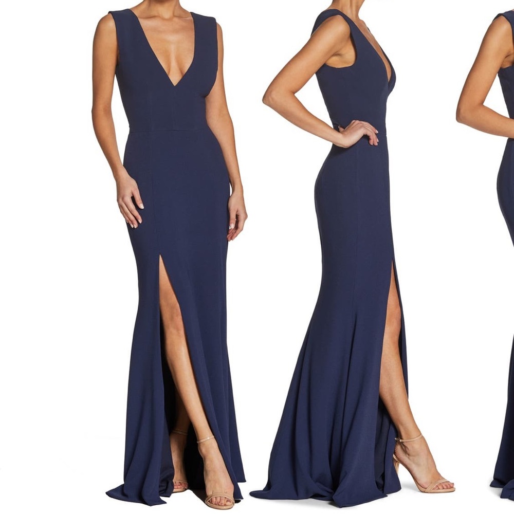 Dress the Population Navy Blue Sandra Plunge Neckline Maxi Dress Medium M